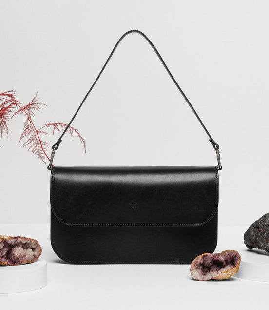Leather Handbag Model Baguette with Two Straps - Black