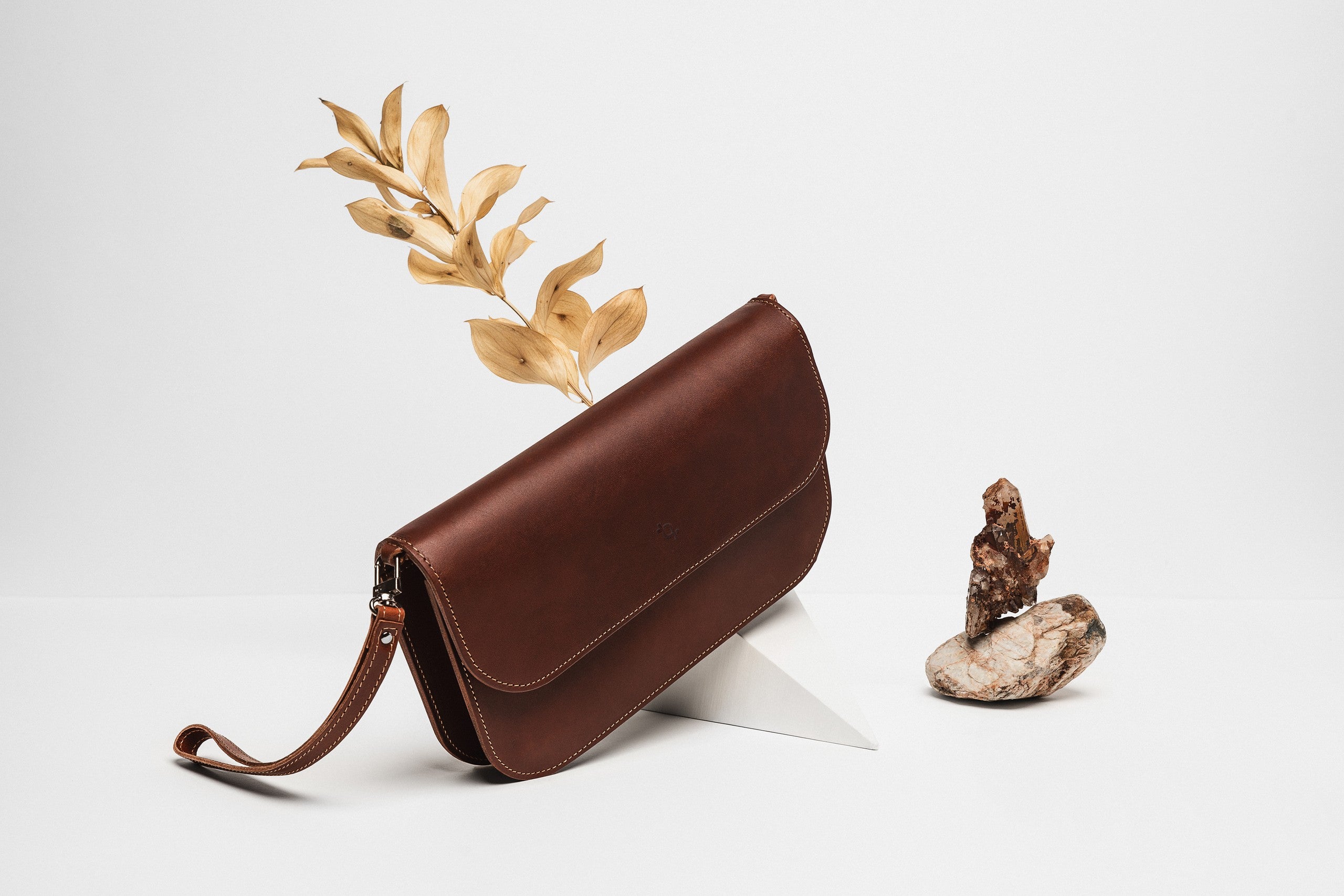 Leather Handbag Model Baguette with Two Straps - Cognac