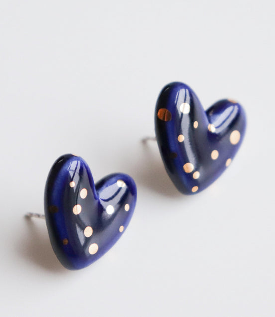 Dotted Porcelain Heart Studs -  Blue