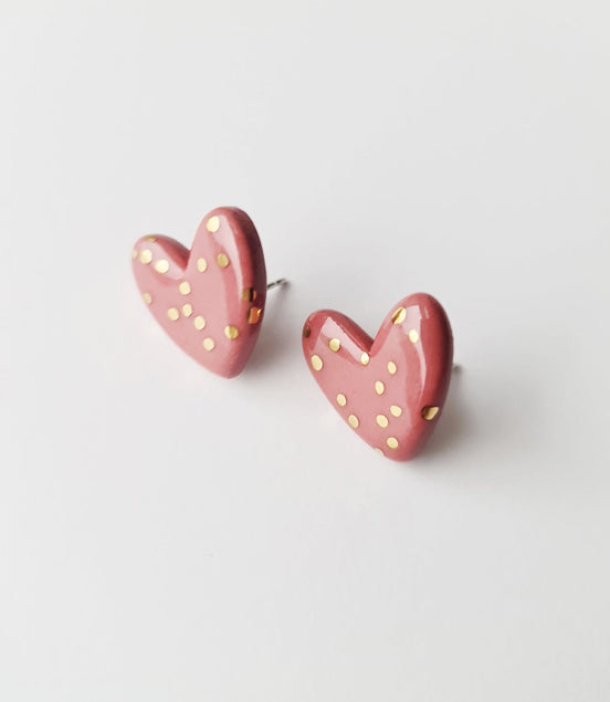 Dotted Porcelain Heart Studs -  Pink