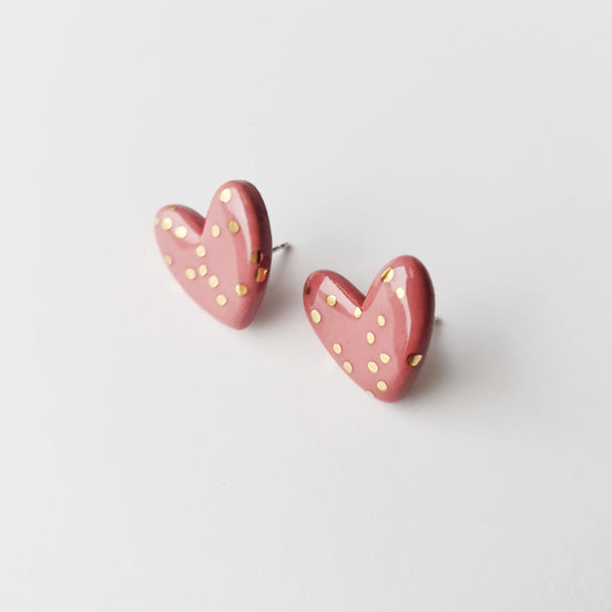 Dotted Porcelain Heart Studs -  Pink