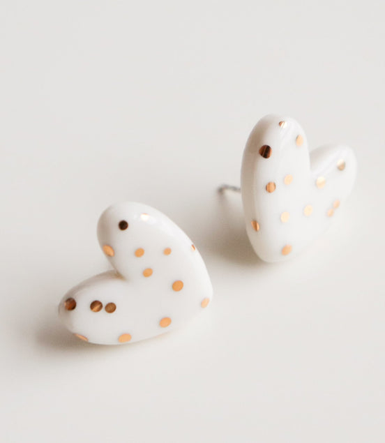 Dotted Porcelain Heart Studs -  White