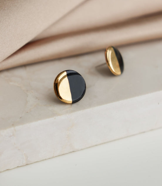 Porcelain Round Stud Earrings - Black and Gold