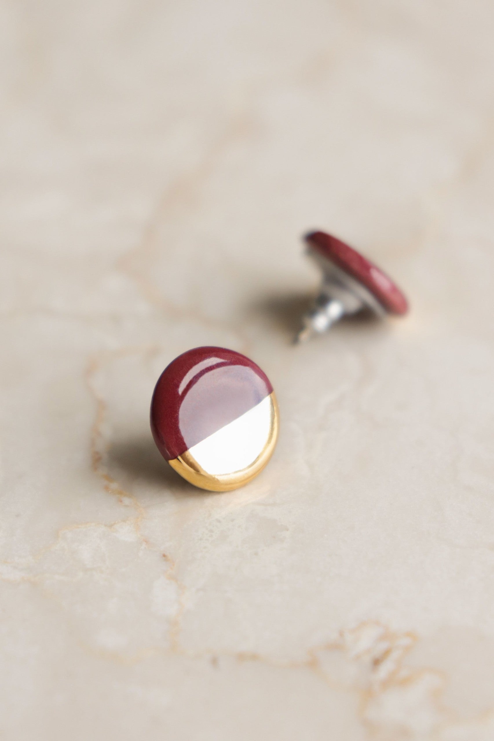 Porcelain Round Stud Earrings - Burgundy and Gold