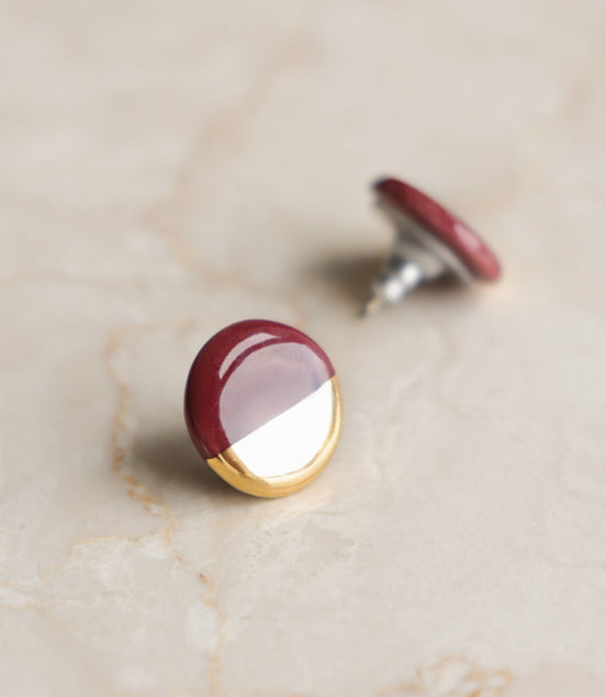 Porcelain Round Stud Earrings - Burgundy and Gold