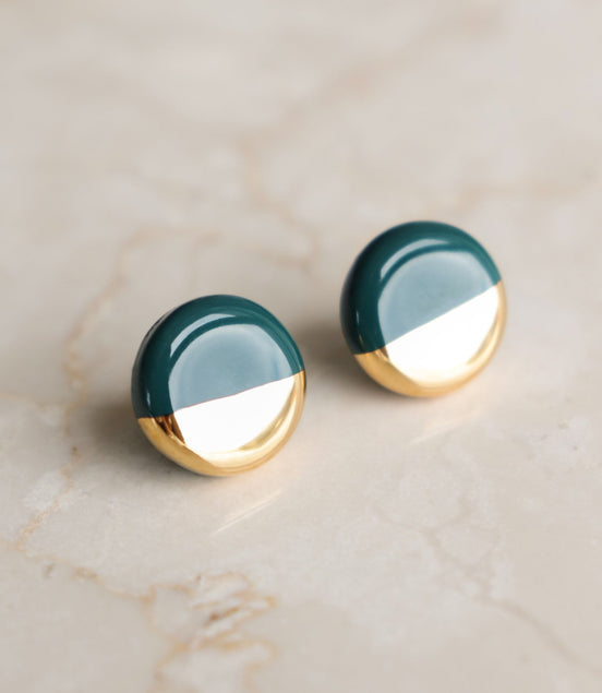 Porcelain Round Stud Earrings - Green and Gold