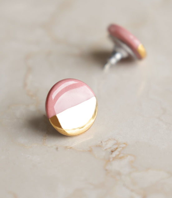 Porcelain Round Stud Earrings - Pink and Gold